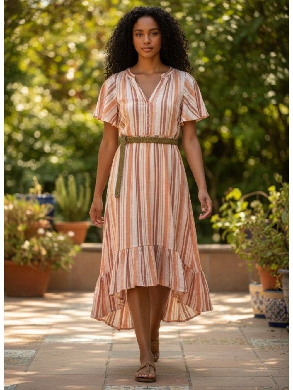 Harlow & Rose Womens M Orange White Striped High Low Midi Dress Belted